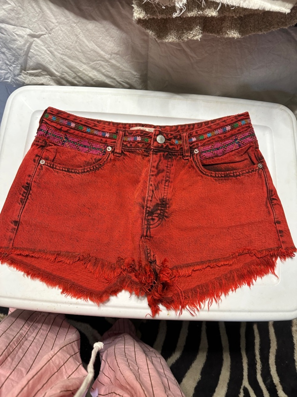 We The Free Red Frayed Denim Shorts with Embroidered Waistband